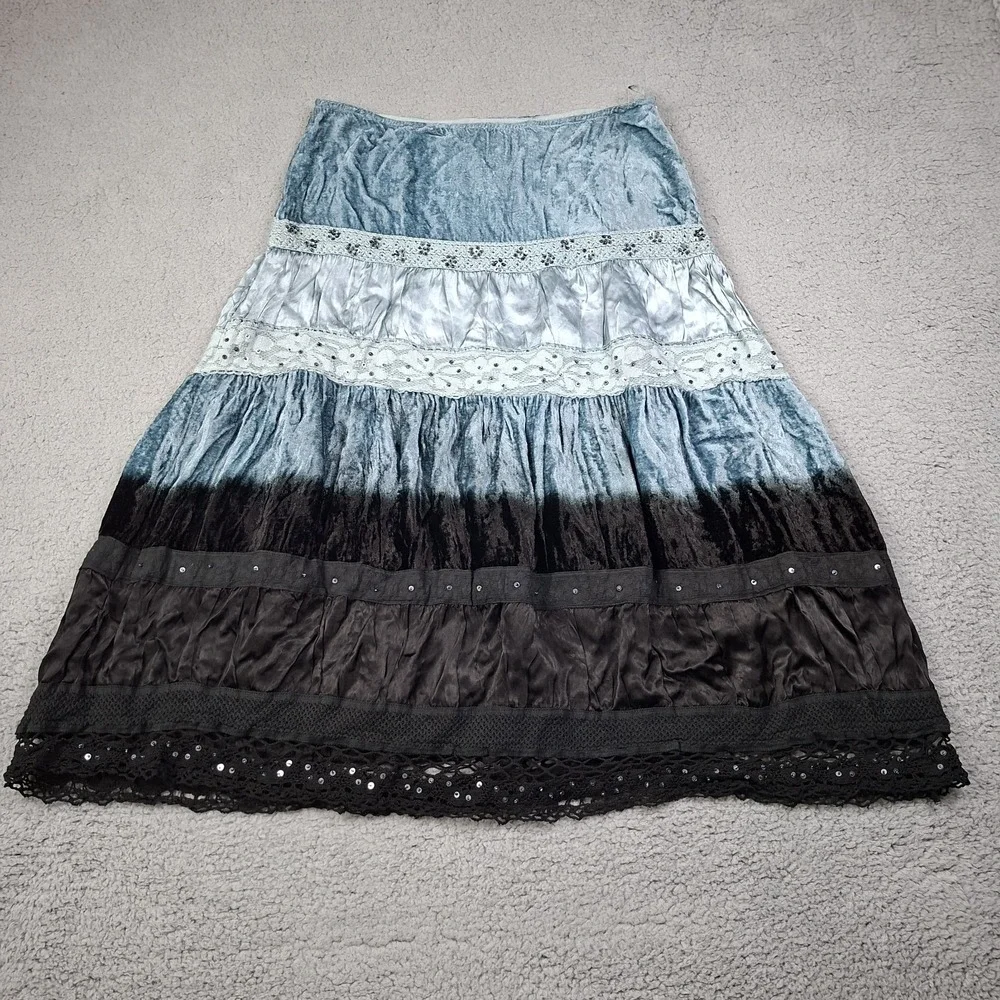 Velvet Satin Lace Tiered Maxi Skirt XL Whimsigoth Prairie Boho Hippie Floral
